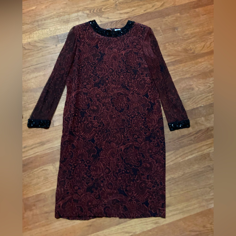💖VTG 90’s💖100% Silk💖Bill Blass💖Dress Sheer Sleeves Embellished Neck&Cuffs💖